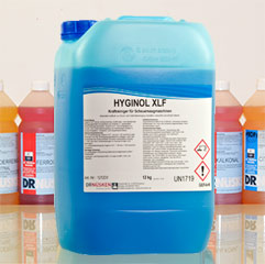 Hyginol XLF -Kraftvoller, mildalkalischer Intensivreiniger zur Beseitigung organischer Verschmutzungen und Ablagerungen. Tensidfrei, daher besonders geeignet für Scheuersaugmaschinen.